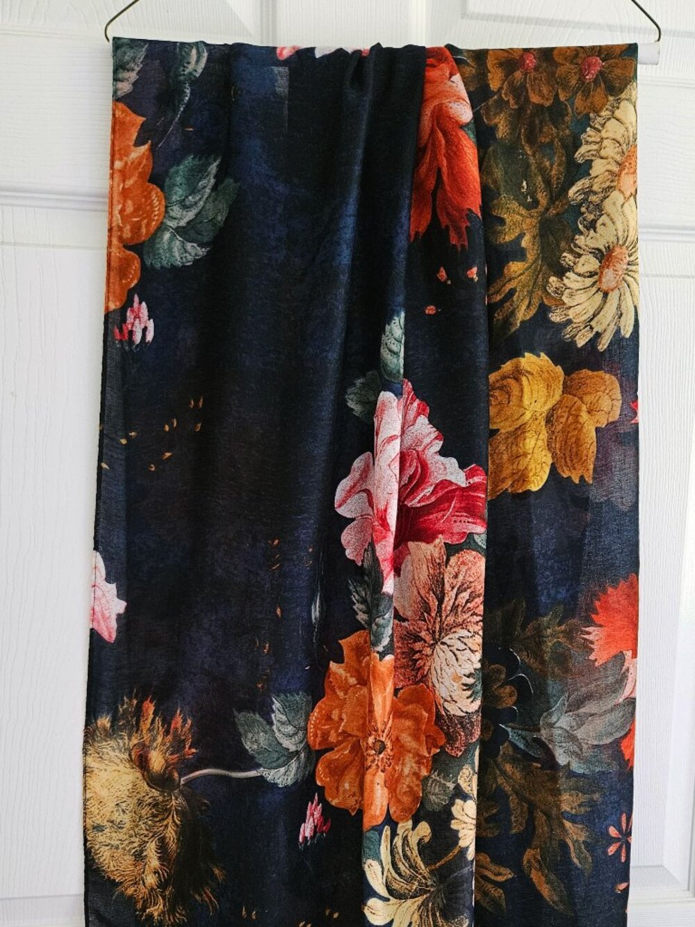 Navy Blue Floral Scarf Oblong 70" long x 35" wide Peonies & Poppies